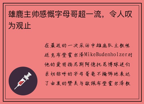 雄鹿主帅感慨字母哥超一流，令人叹为观止