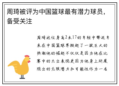 周琦被评为中国篮球最有潜力球员，备受关注