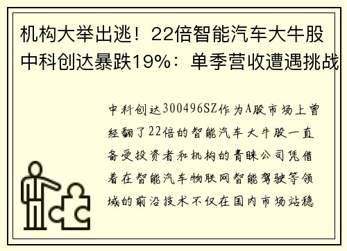 机构大举出逃！22倍智能汽车大牛股中科创达暴跌19%：单季营收遭遇挑战