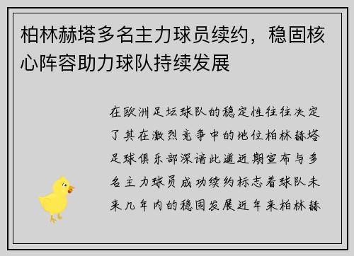 柏林赫塔多名主力球员续约，稳固核心阵容助力球队持续发展